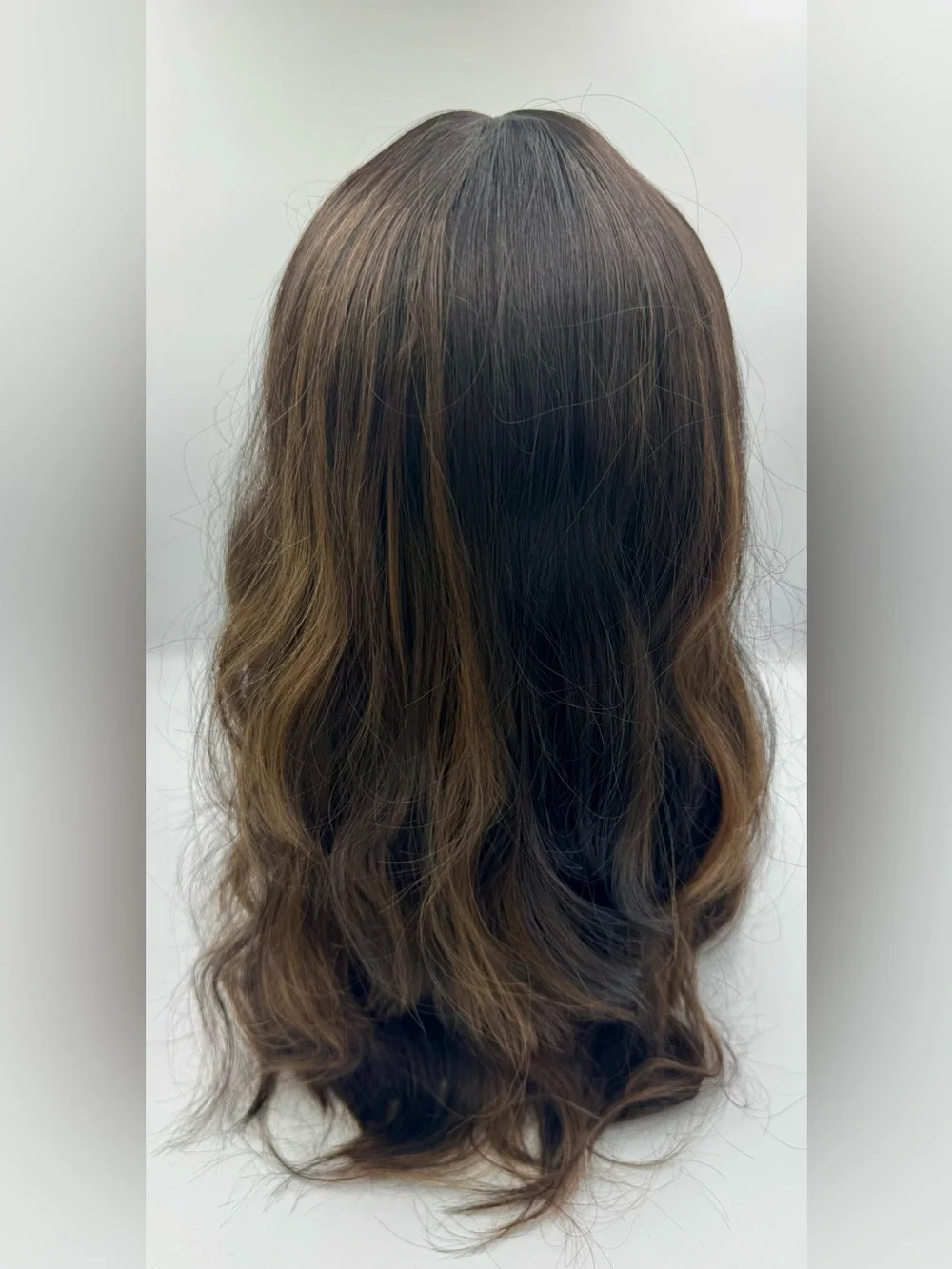 New Dark Brown Highlighted Long Wavy Wig with Bangs + Wig Cap